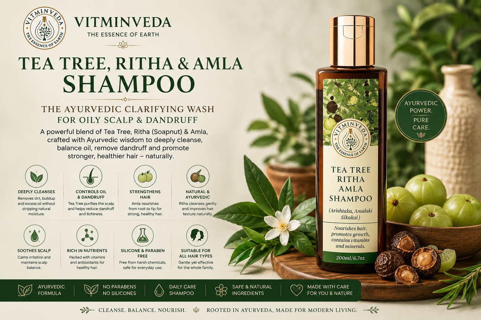 Tea Tree Ritha Amla Shampoo 200ml - Natural Ayurvedic Skincare | VITMINVEDA