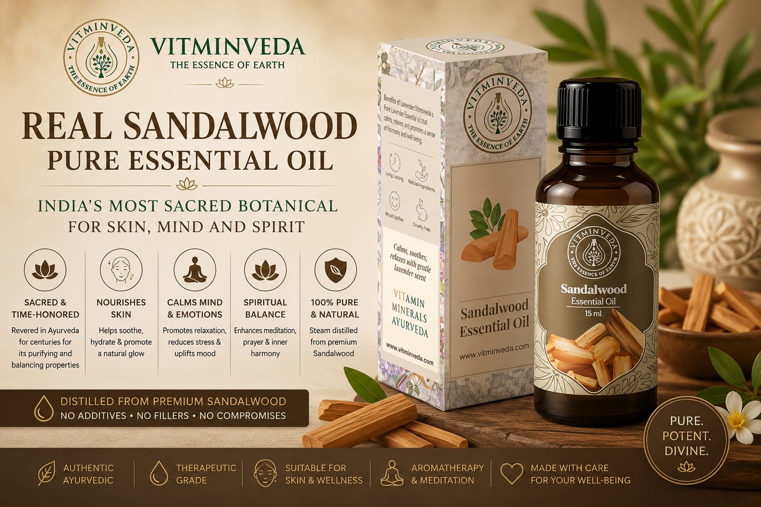 Real Sandalwood Pure Essential Oil - 15ml - Natural Ayurvedic Skincare | VITMINVEDA