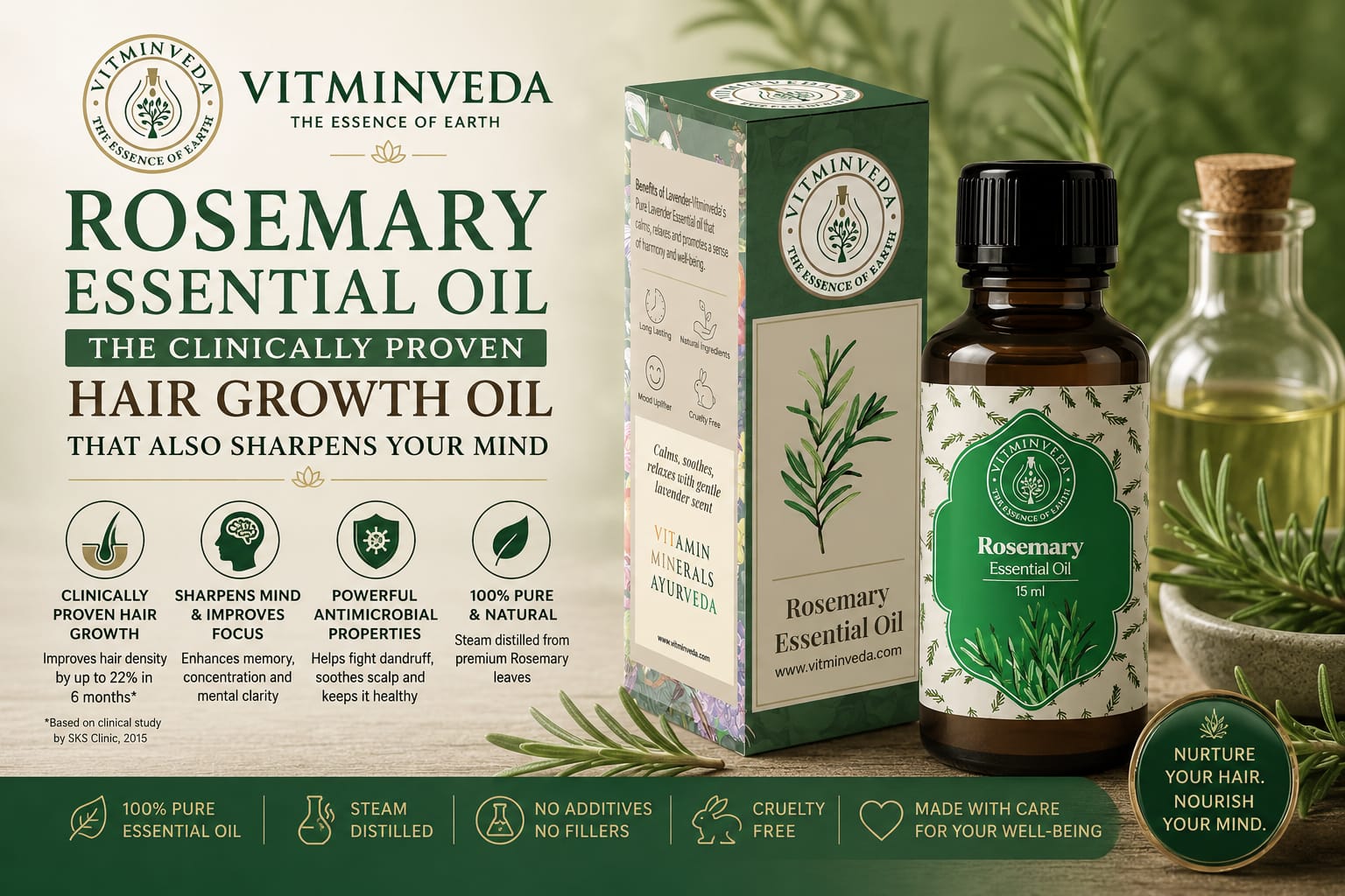 Rosemary Essential Oil 15ml - Natural Ayurvedic Skincare | VITMINVEDA