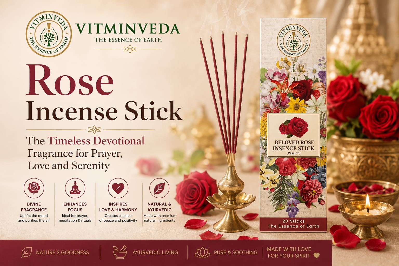 Rose Incense Stick - Natural Ayurvedic Skincare | VITMINVEDA