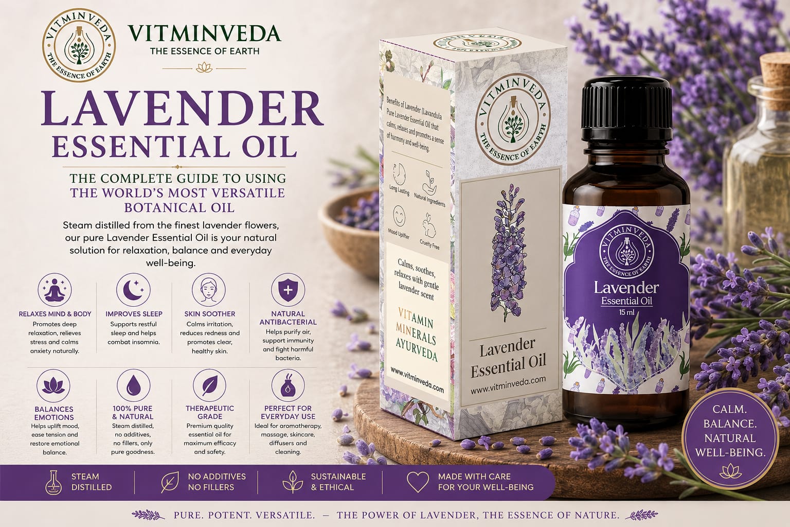 Lavender Essential Oil 15ml - Natural Ayurvedic Skincare | VITMINVEDA