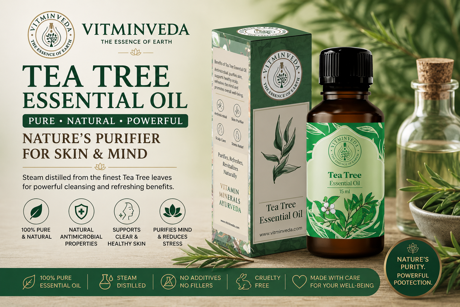 Tea Tree Essential Oil 15ml - Natural Ayurvedic Skincare | VITMINVEDA