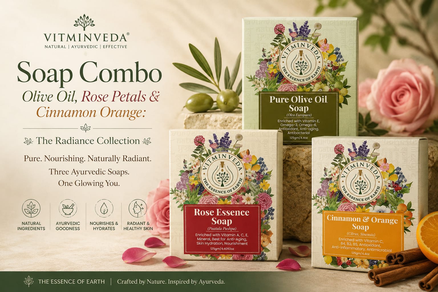 Natural Soap Combo Pack of 3 | Olive Oil, Rose Petals and Cinnamon Orange - Natural Ayurvedic Skincare | VITMINVEDA