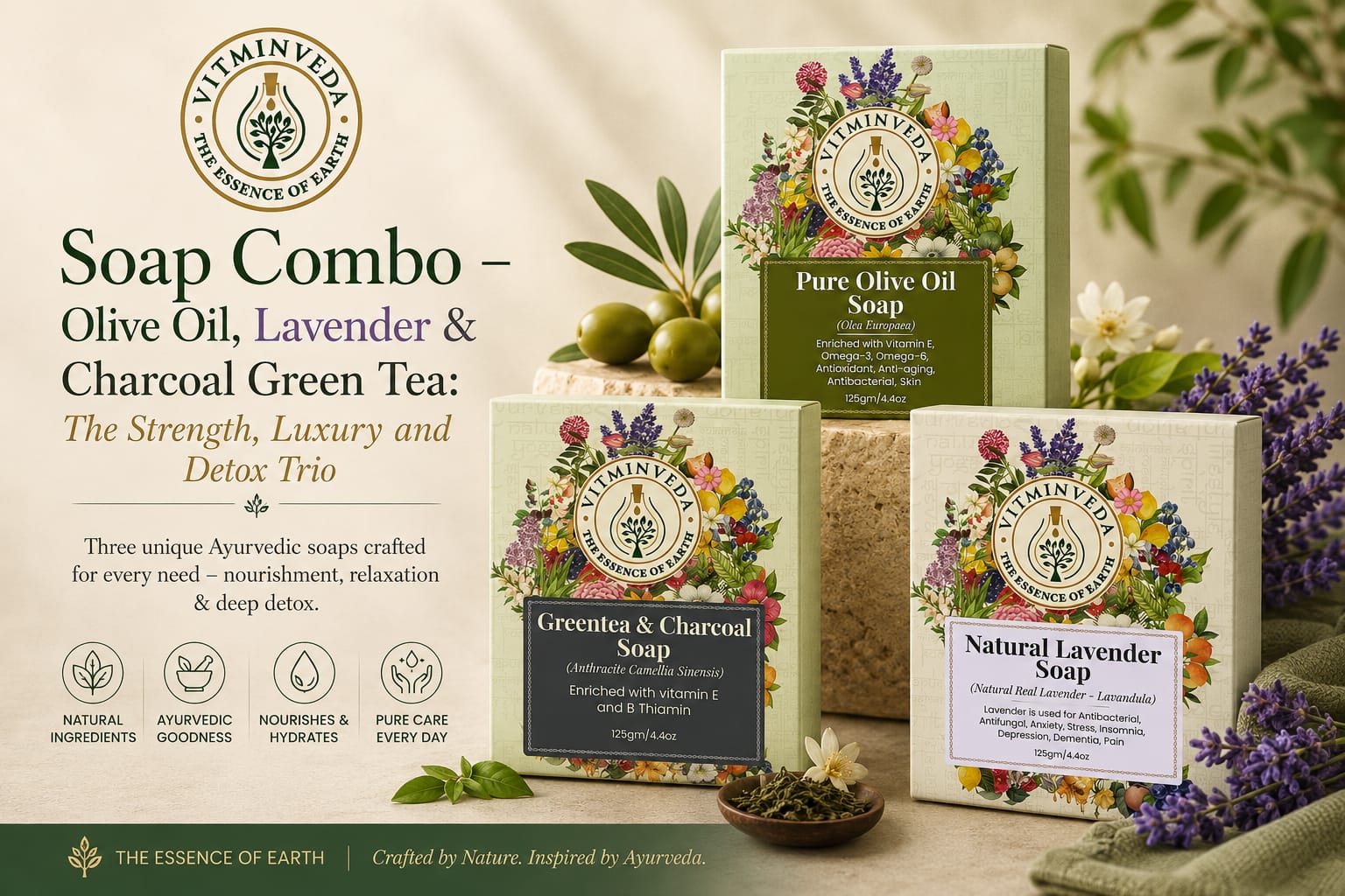 Natural Soap Pack of 3 |  Olive Oil, Charcoal Green Tea and Lavender - Natural Ayurvedic Skincare | VITMINVEDA