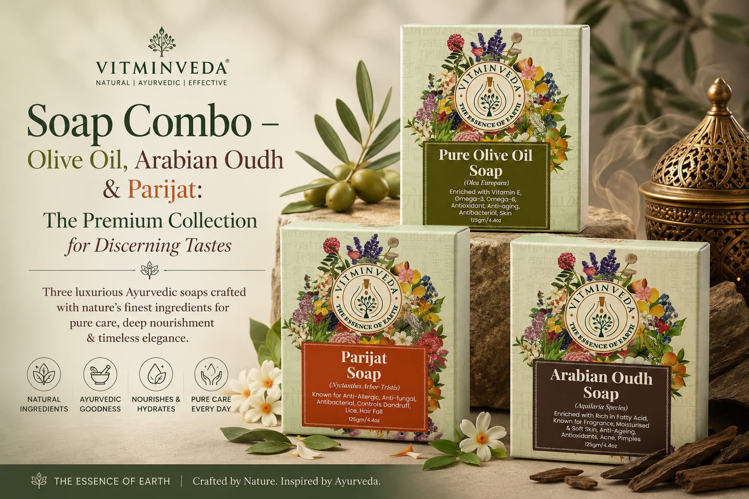 Natural Soap Combo Pack of 3 | Olive Oil, Arabian Oudh and Parijat - Natural Ayurvedic Skincare | VITMINVEDA
