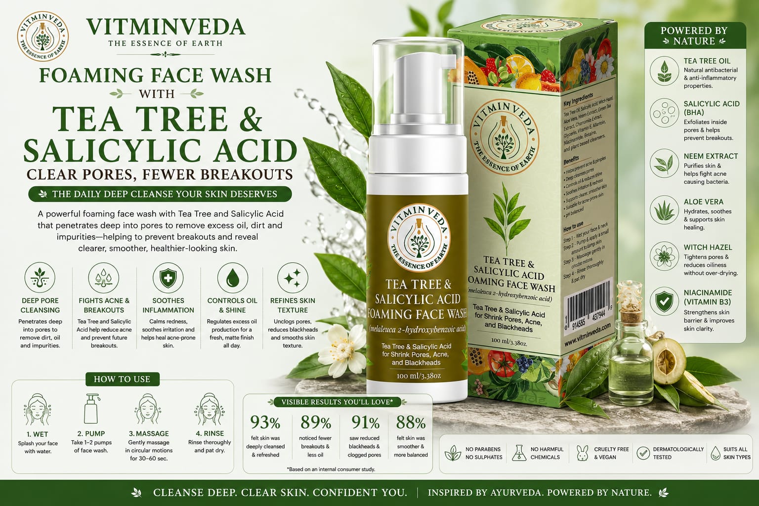 Natural Tea Tree Face Wash 100ml - Natural Ayurvedic Skincare | VITMINVEDA