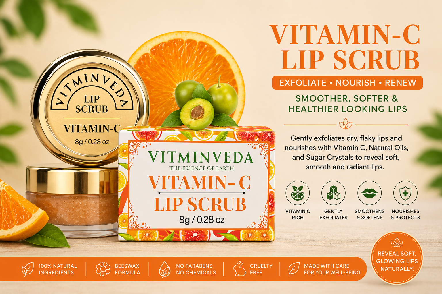 Orange Vitamin C Lip Scrub - 8gm - Natural Ayurvedic Skincare | VITMINVEDA