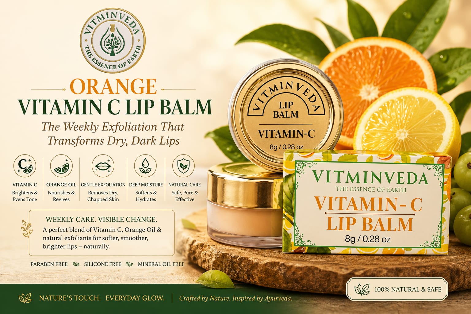 Orange Vitamin C Lip Balm - 8gm - Natural Ayurvedic Skincare | VITMINVEDA