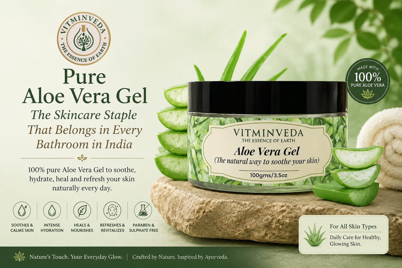 Pure Aloe Vera Gel - 100gm - Natural Ayurvedic Skincare | VITMINVEDA