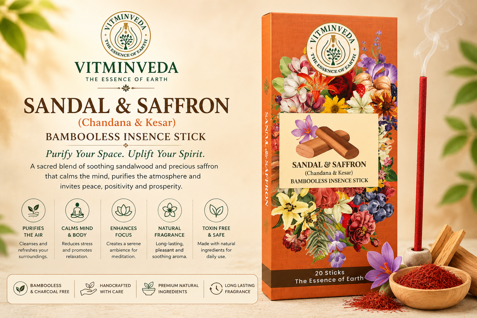 Sandal Saffron Bambooless Incense Stick - Natural Ayurvedic Skincare | VITMINVEDA