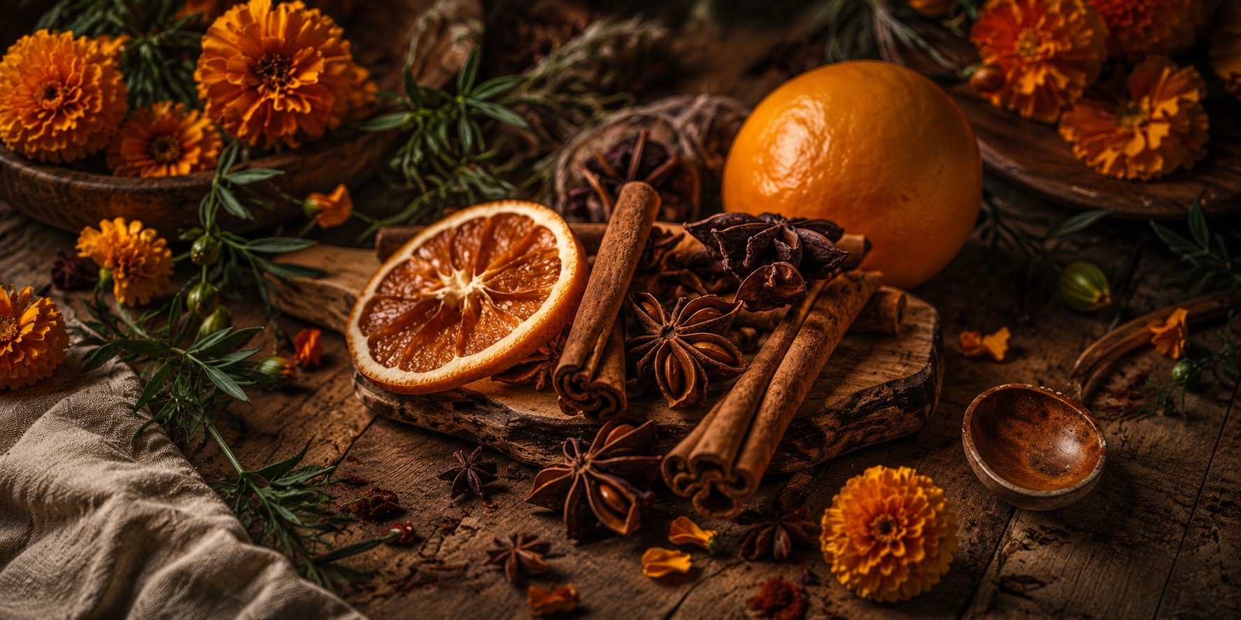 Natural ingredients — cinnamon, marigold, orange