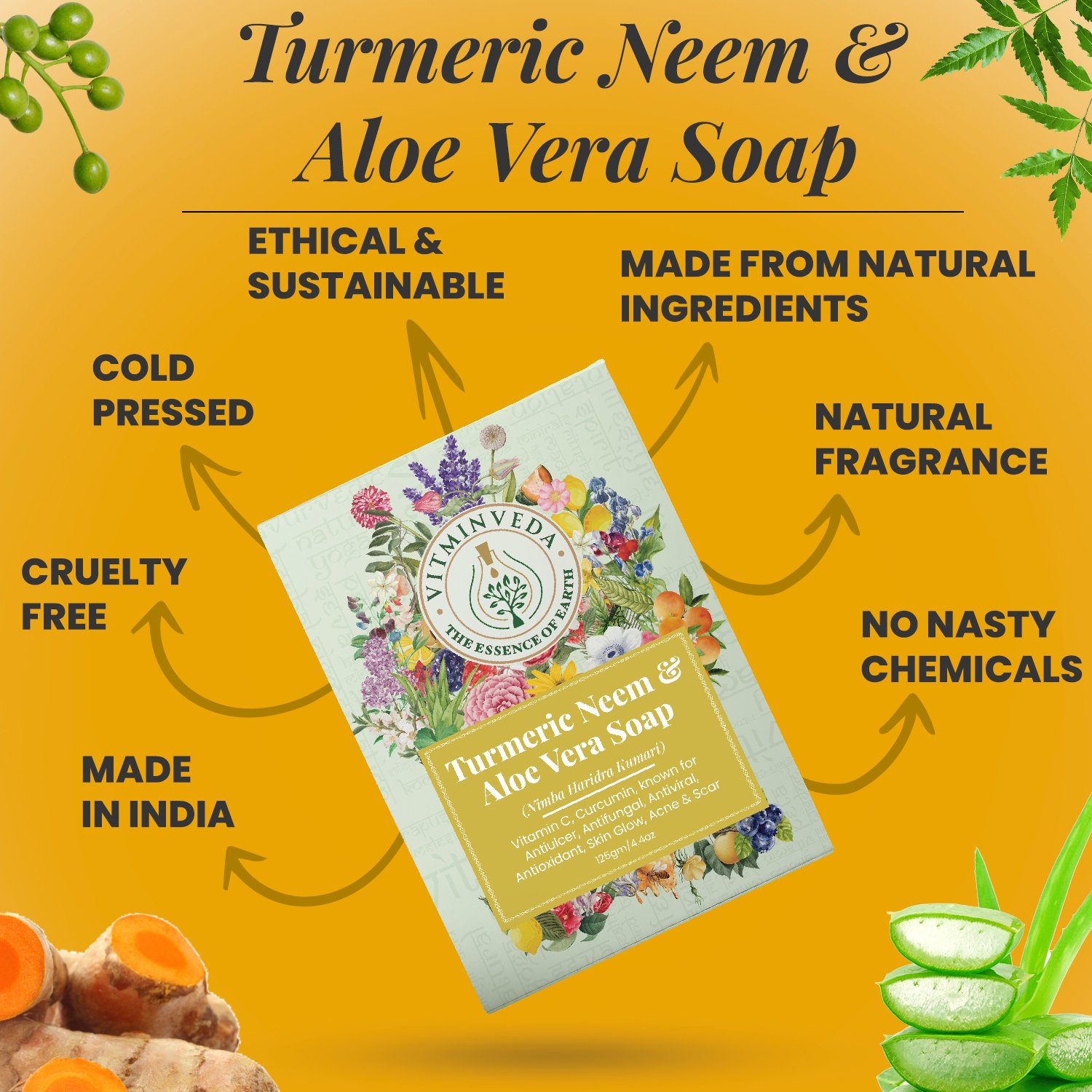 Aloe Vera Neem Turmeric Herbal Soap Bar - 125gm — View 3