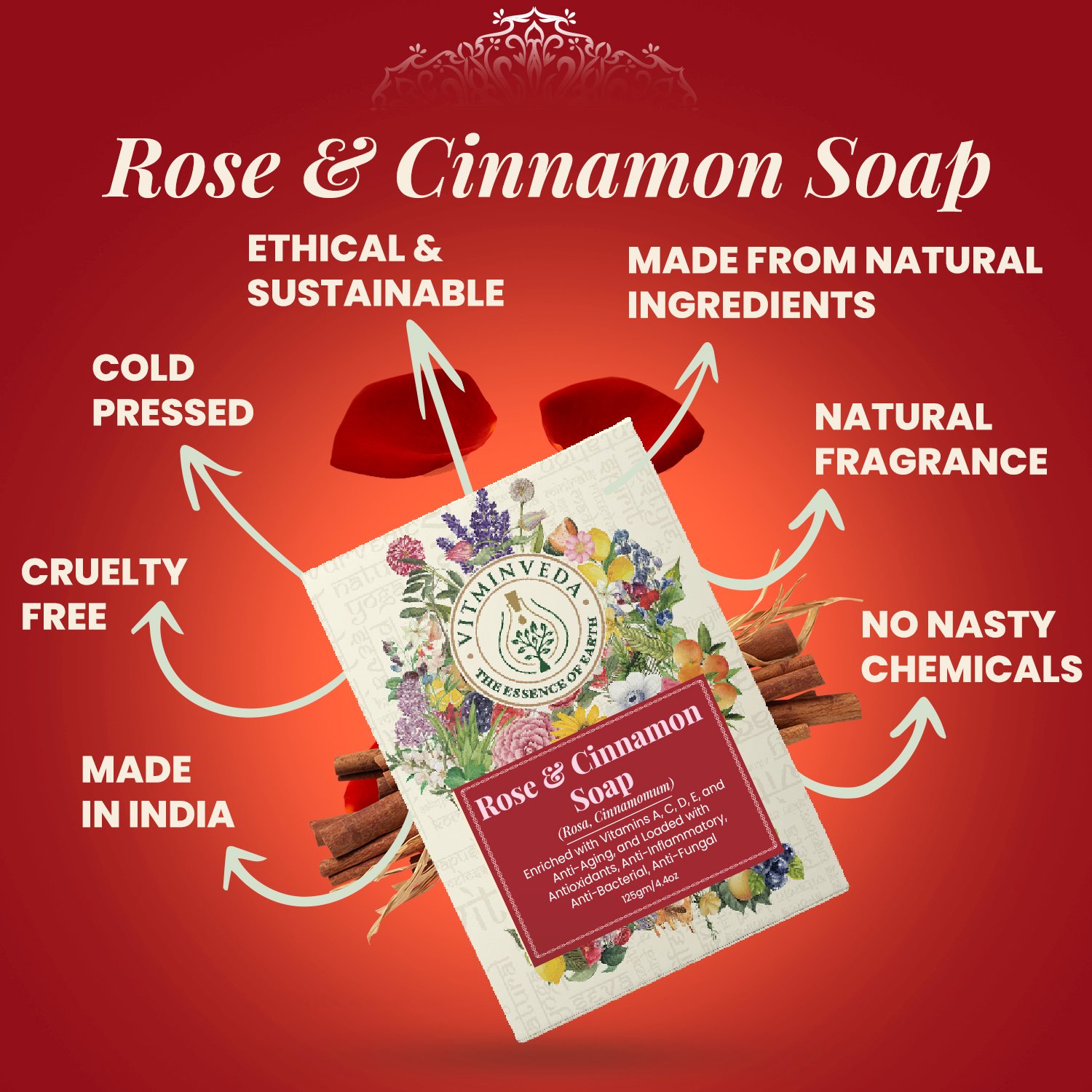 Rose Cinnamon Herbal Soap Bar - 125gm — View 3