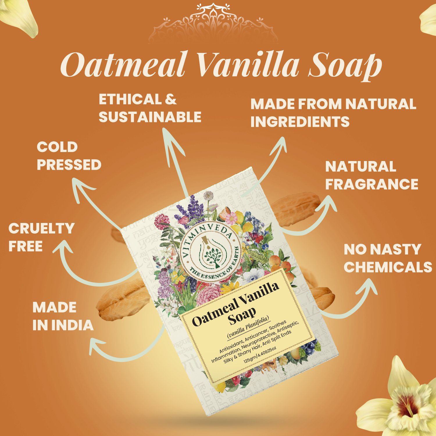 Vanilla Oatmeal Herbal Soap Bar - 125gm — View 3