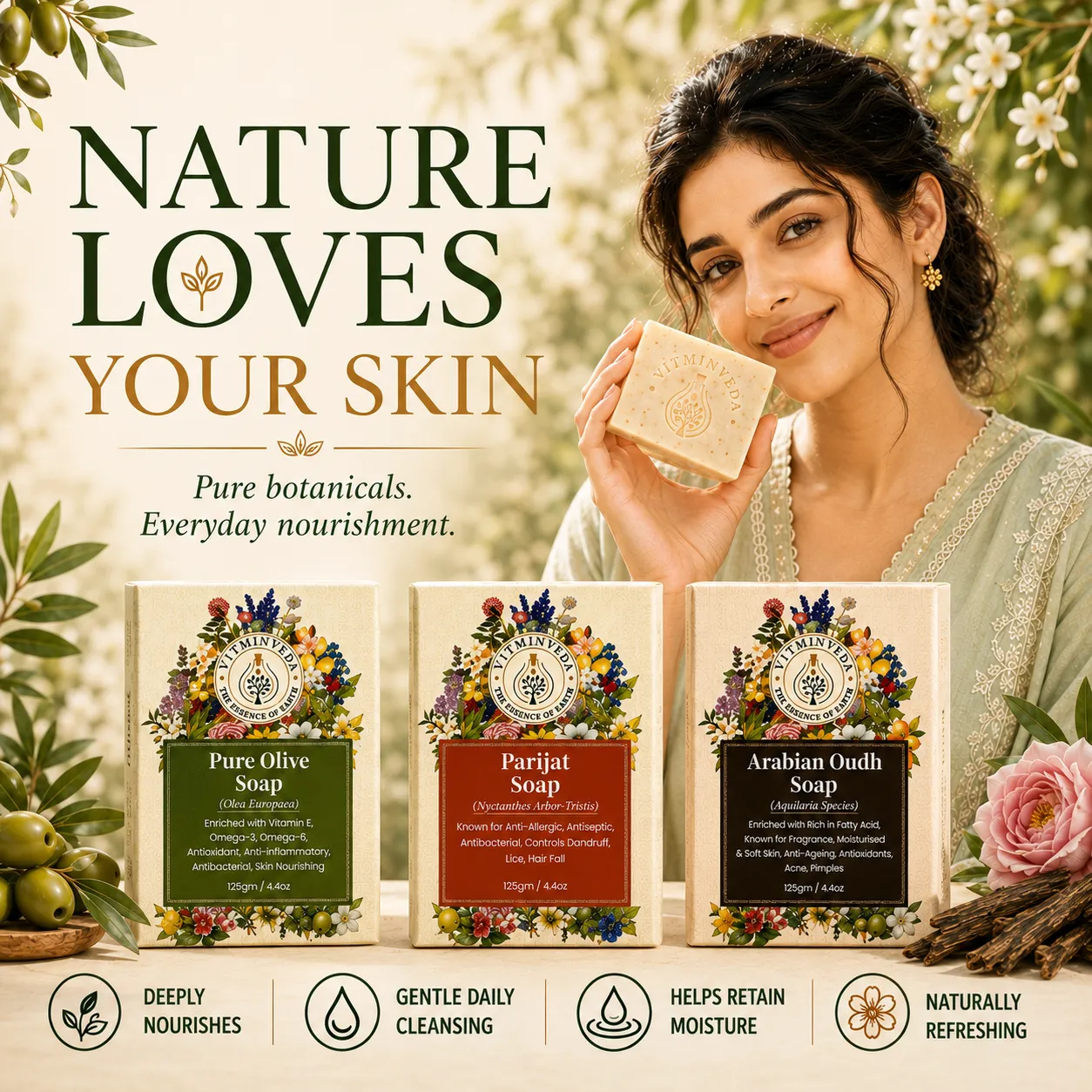 Natural Soap Combo Pack of 3 | Olive Oil, Arabian Oudh and Parijat